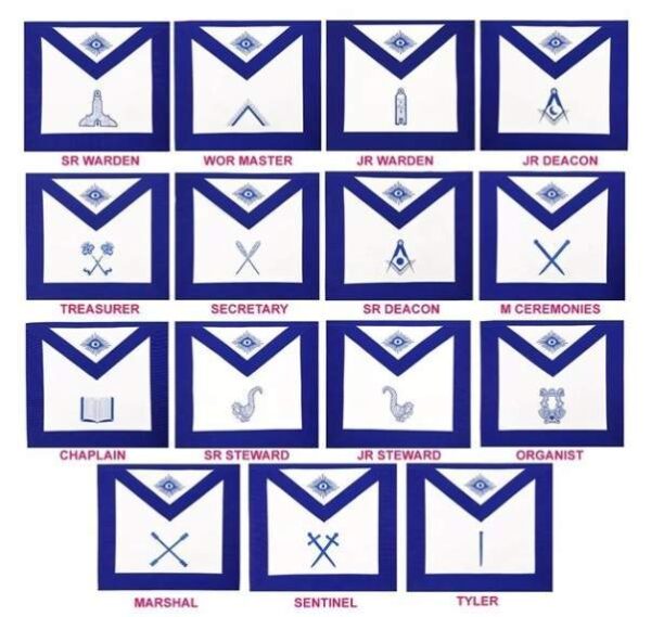 Masonic Blue Lodge Officers Aprons - Set of 15 Aprons