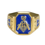 Blue Gold Tone Stainless Steel Masonic Signet Ring