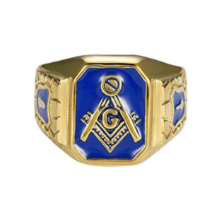 Blue Gold Tone Stainless Steel Masonic Signet Ring
