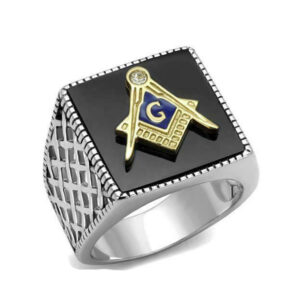 Stainless Steel Black Agate Men Masonic Ring